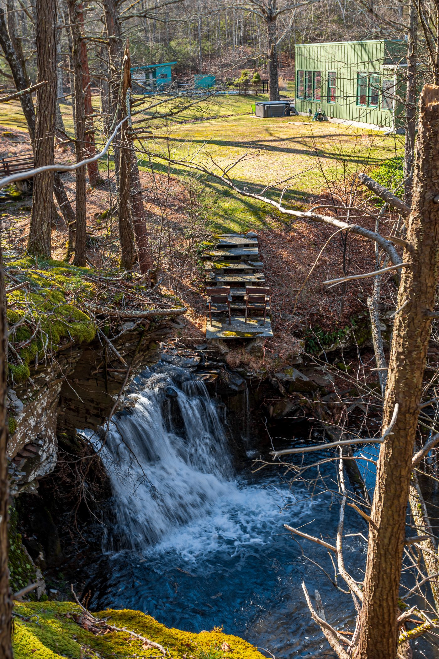 A waterfall on the grounds of a Haus-managed home in Saugerties